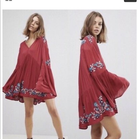 Free People Red NWOT Embroidered Flared Dress Size S Flirty PERFECT & STUNNING! - Picture 5 of 16